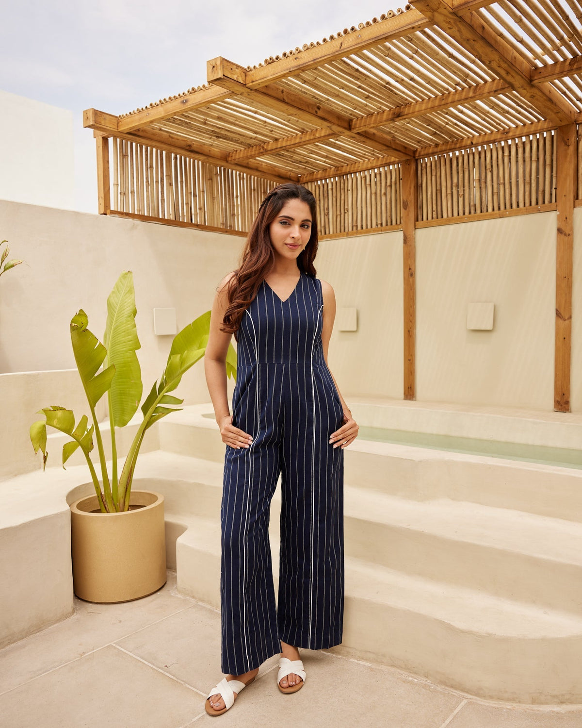 Dark Blue Pinstripe Jumpsuit