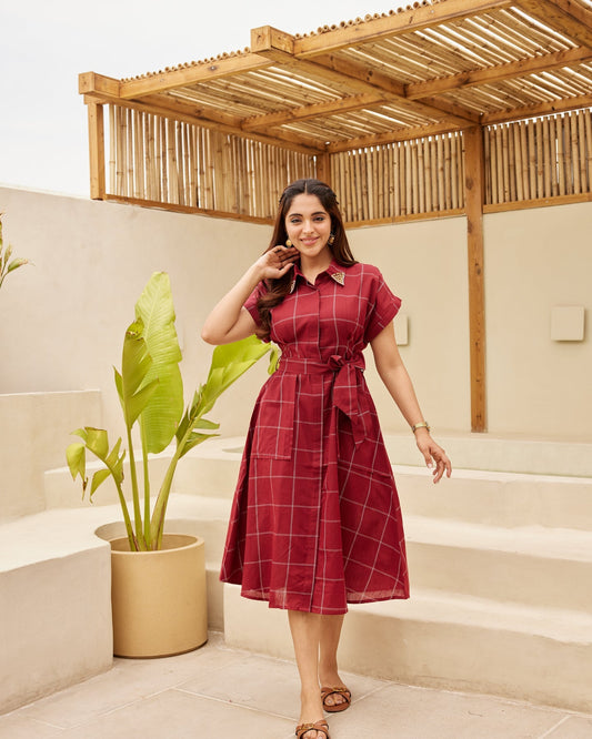 Red Clean Check Shirt Dress