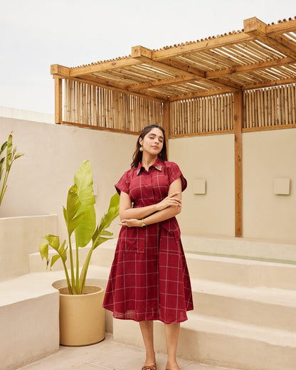 Red Clean Check Shirt Dress
