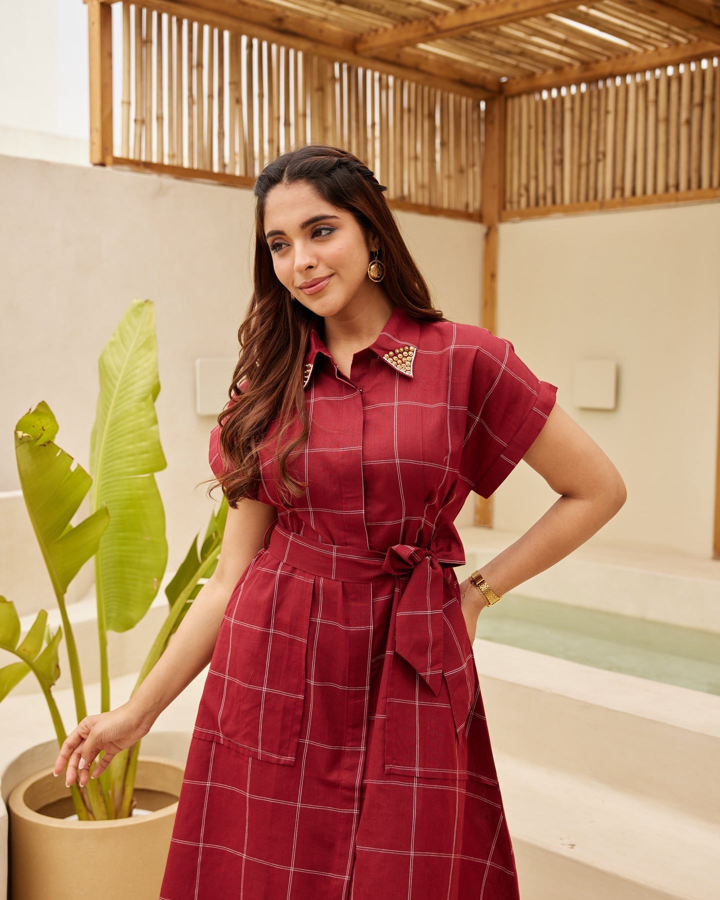 Red Clean Check Shirt Dress