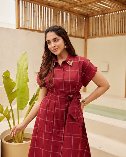 Red Clean Check Shirt Dress