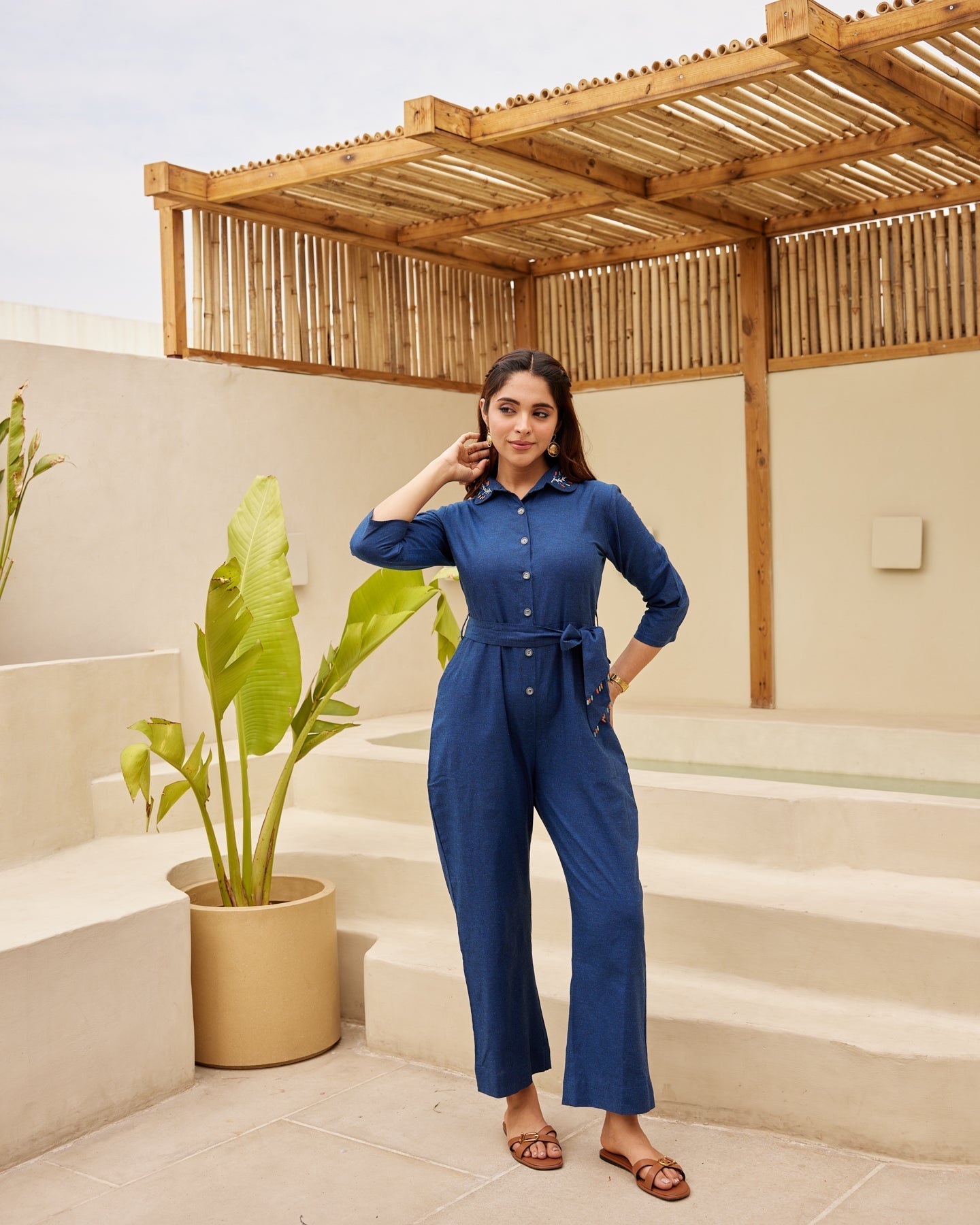 Navy Blue Embroidered Jumpsuit