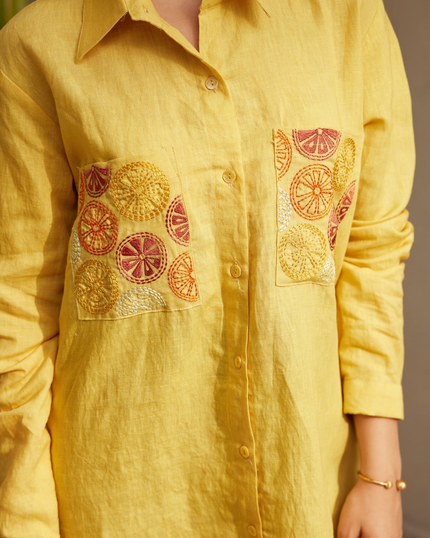 Yellow Embroidered Linen Shirt