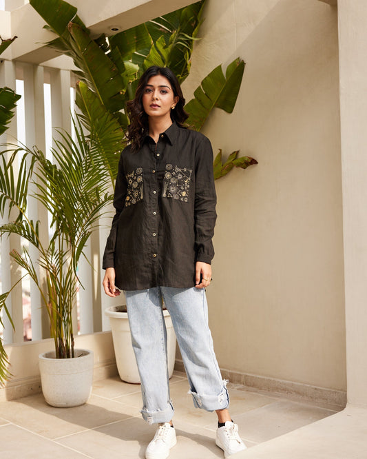 Black Embroidered Linen Shirt