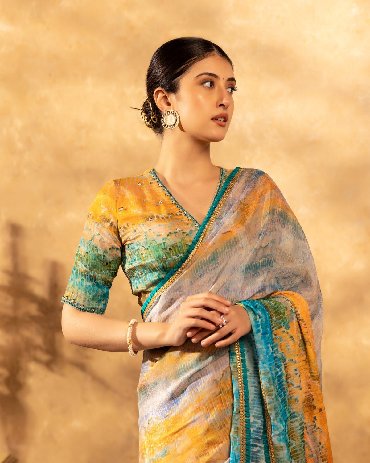 Multicolour Abstract Chinnon Saree