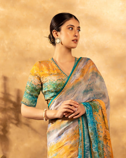 Multicolour Abstract Chinnon Saree