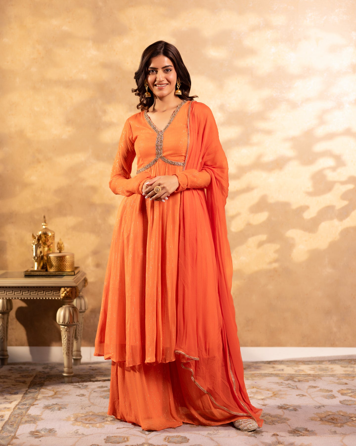 Shimmer Orange Sharara Suit Set