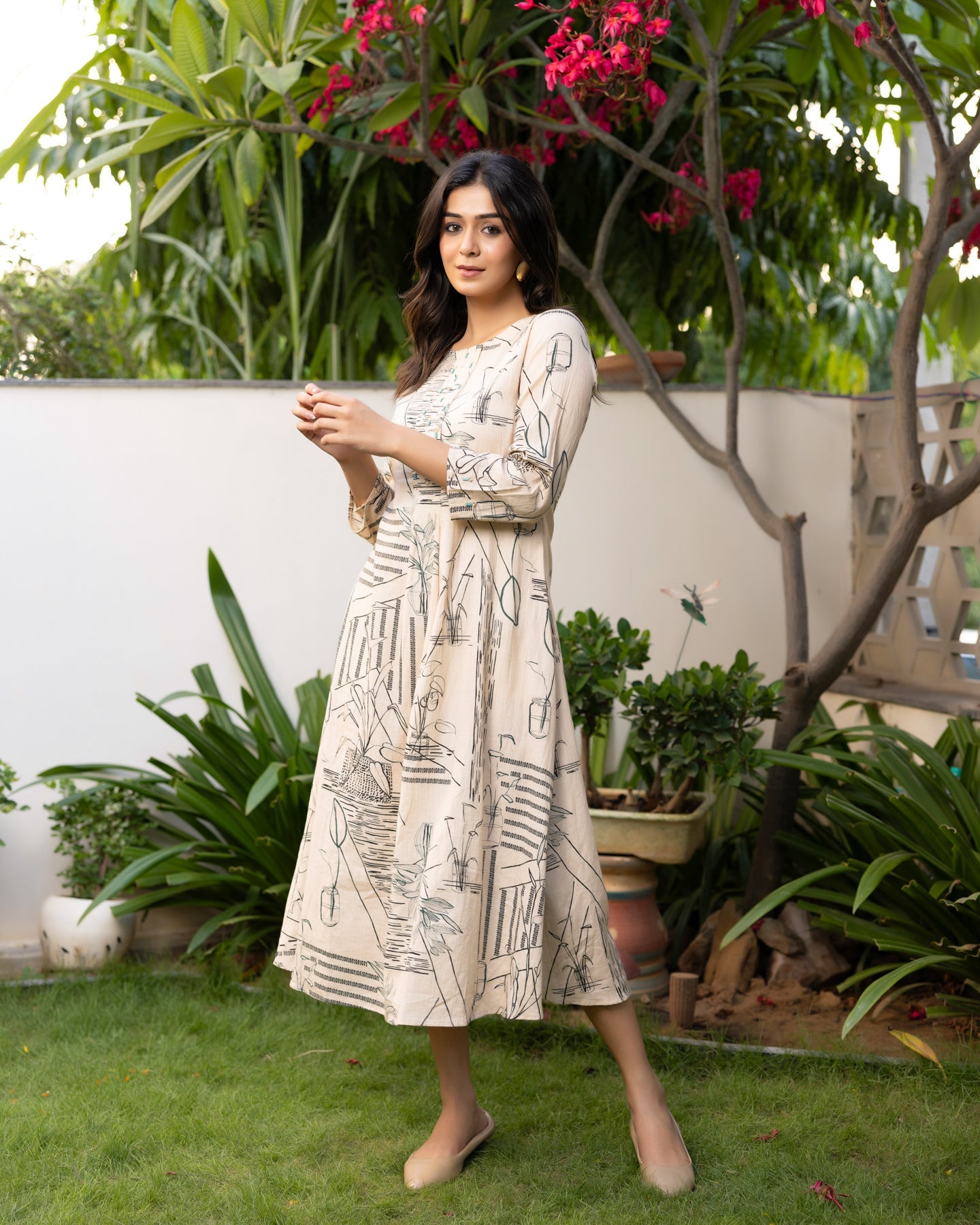 Geometric Printed Ivory A-line Dress
