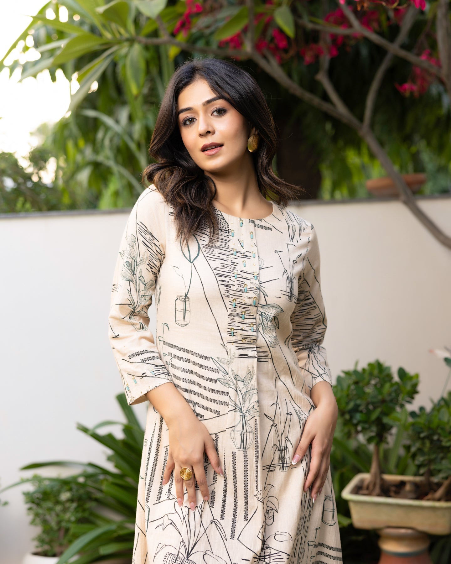 Geometric Printed Ivory A-line Dress