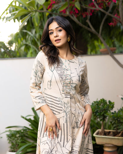 Geometric Printed Ivory A-line Dress