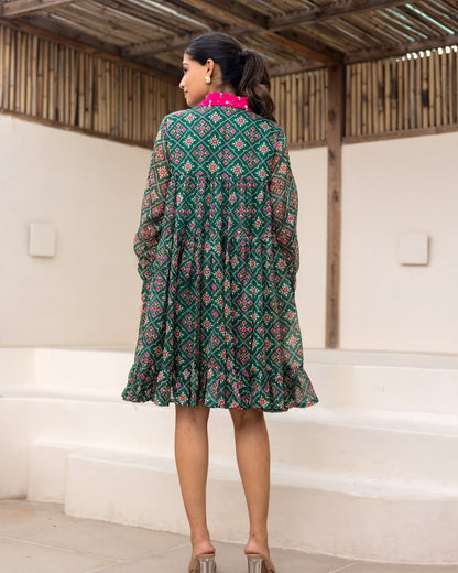 Green Bandhani Shirt Dress