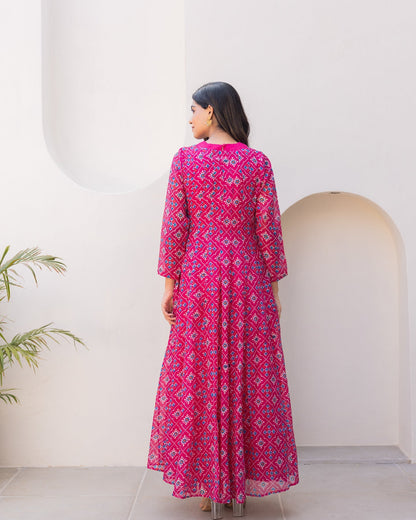 Pink Bandhani Maxi Dress
