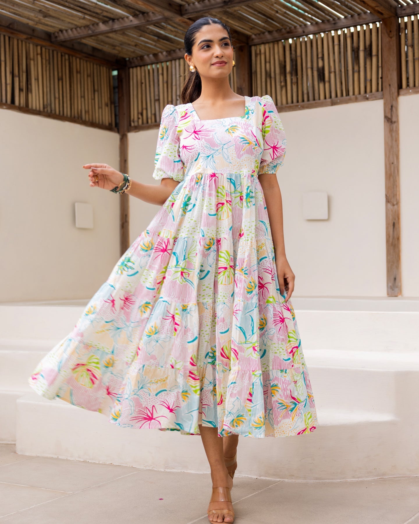 Multi Floral White Tiered Dress