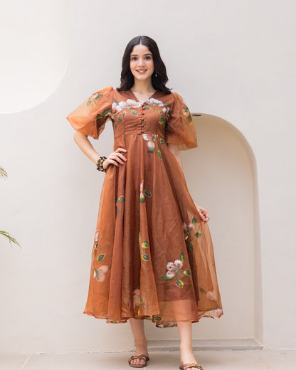 Brown Organza Floral Dress