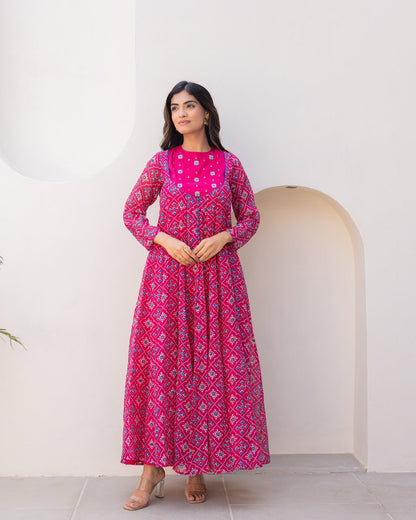 Pink Bandhani Maxi Dress