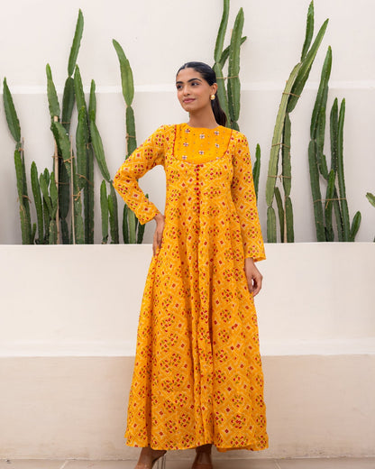 Mustard Bandhani Maxi Dress