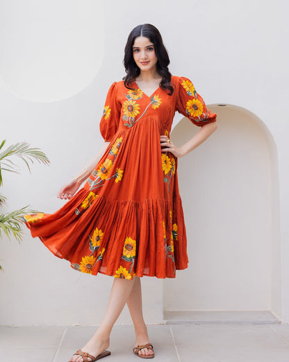 Brown Floral Kota Dress