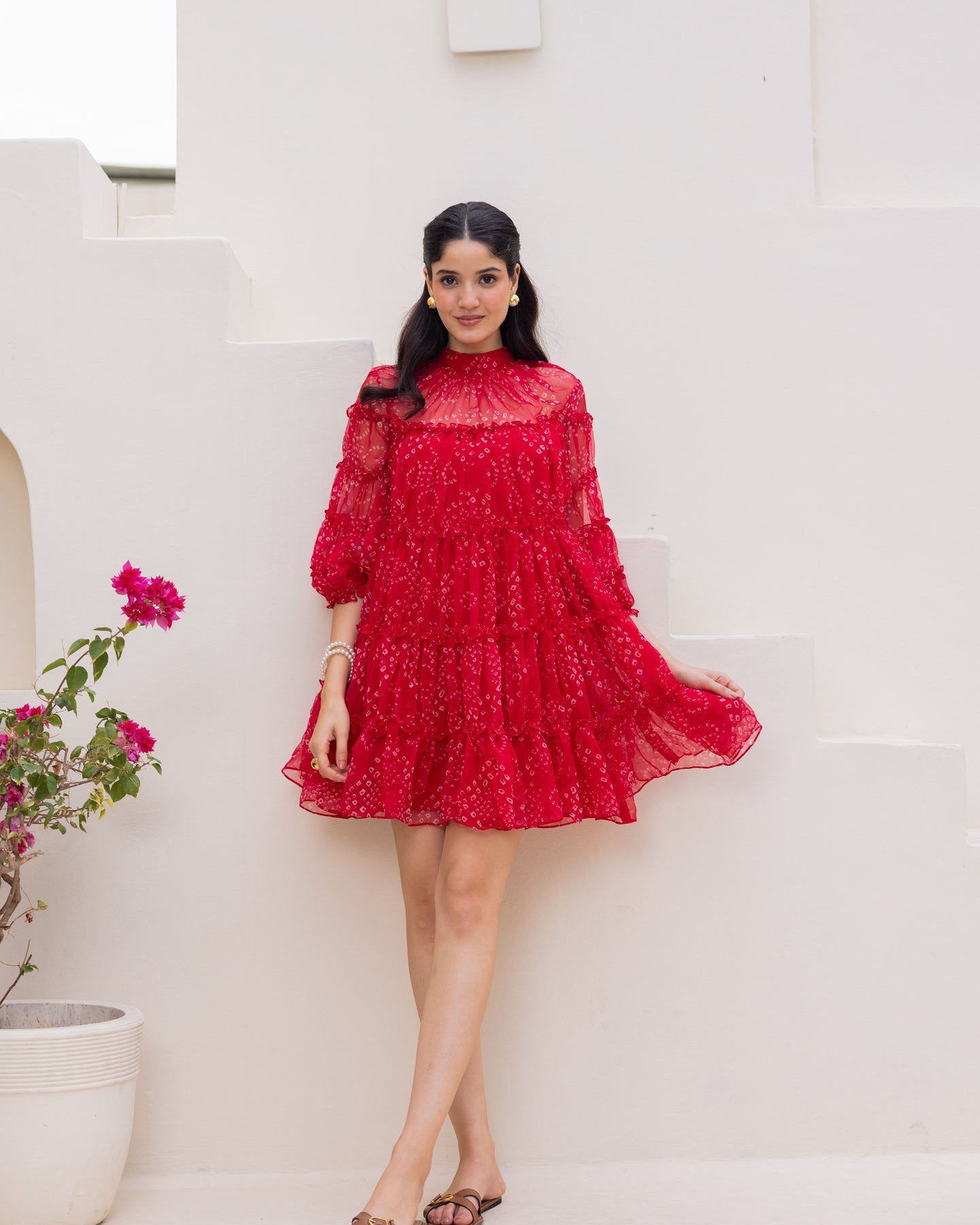 Red Chiffon Tiered Dress