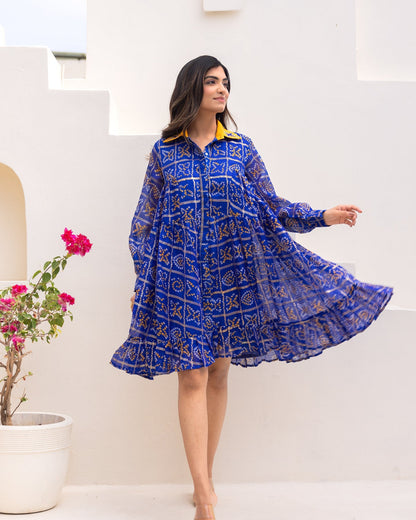 Blue Bandhani Shirt Dress