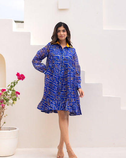 Blue Bandhani Shirt Dress