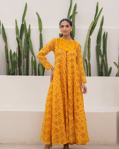Mustard Bandhani Maxi Dress