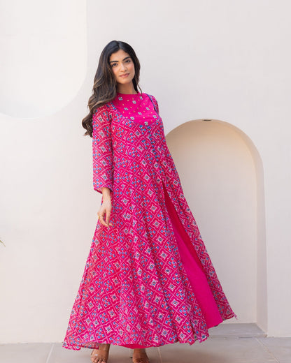 Pink Bandhani Maxi Dress