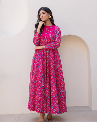 Pink Bandhani Maxi Dress