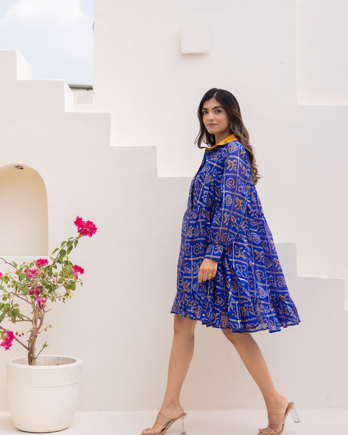 Blue Bandhani Shirt Dress