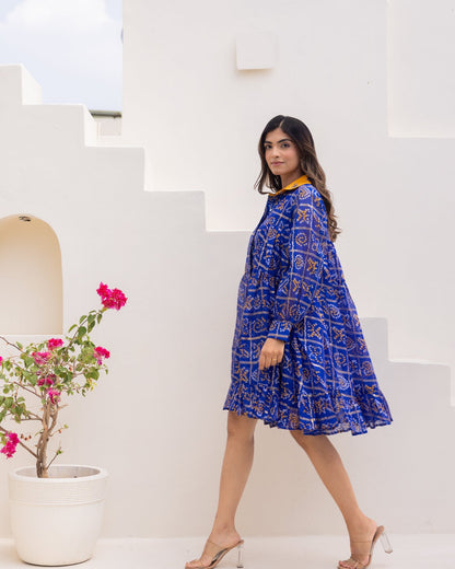 Blue Bandhani Shirt Dress