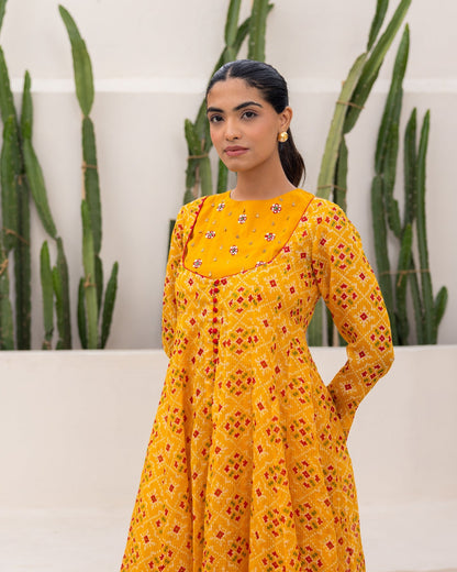 Mustard Bandhani Maxi Dress