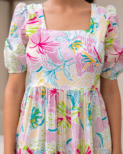Multi Floral White Tiered Dress