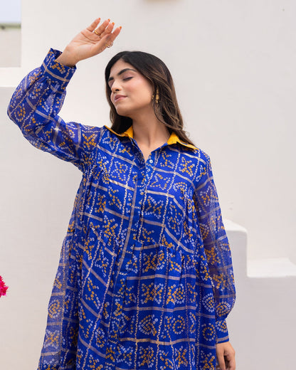 Blue Bandhani Shirt Dress