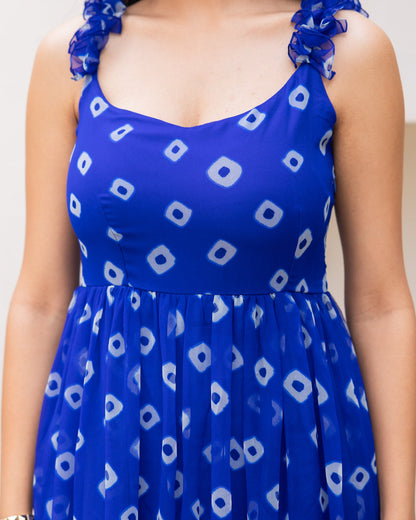 Blue Bandhani Ruffle Dress