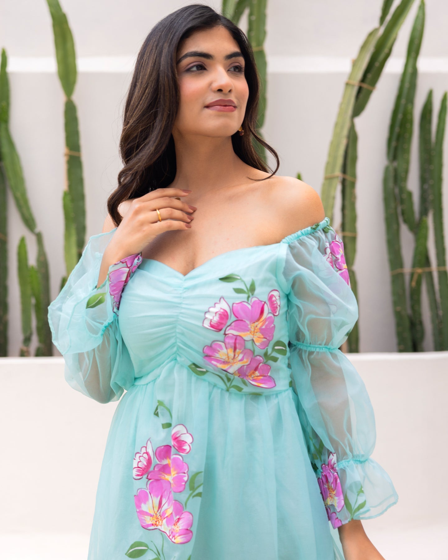 Sky Blue Organza Floral Dress