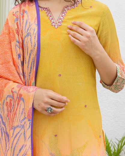 Mustard Silk Printed Suit Set