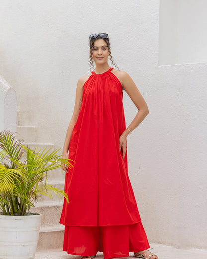 Red Halter Neck Kurta Set