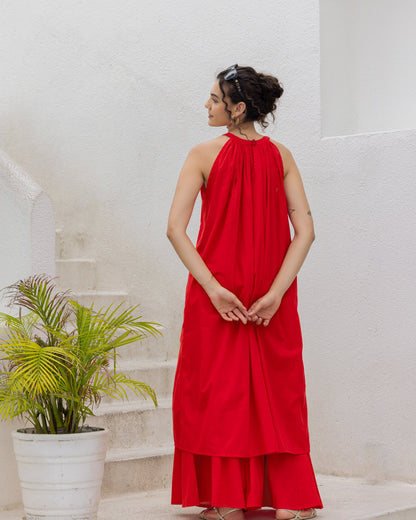 Red Halter Neck Kurta Set