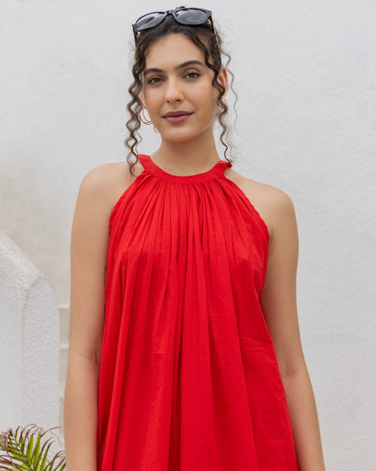Red Halter Neck Kurta Set