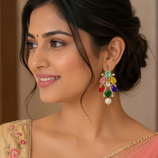 Multicolor Kundan Pearl Stone Drop Earrings For Women