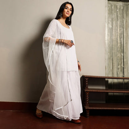 Solid Schiffli Kurti With Palazzo & Dupatta
