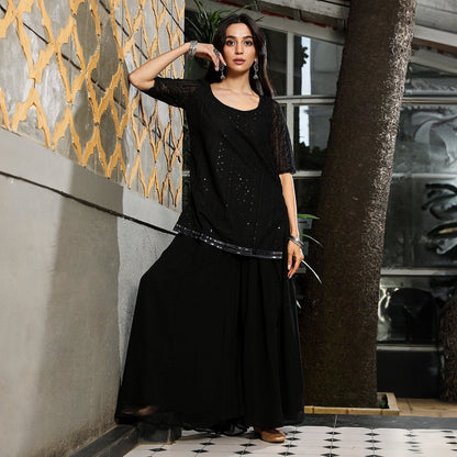 Solid Schiffli Kurti With Palazzo & Dupatta