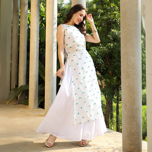 Bloom Motif Kurta With Crop Top And Palazzo