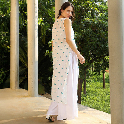 Bloom Motif Kurta With Crop Top And Palazzo