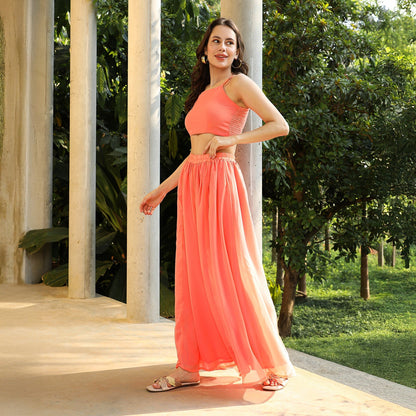 Bloom Motif Kurta With Crop Top And Palazzo