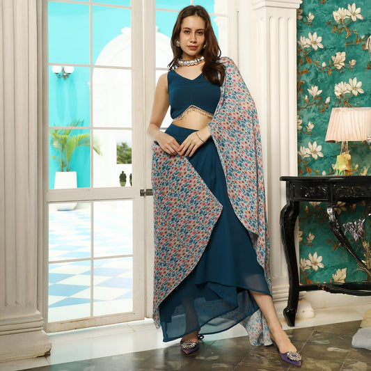 Pleated-Block Imprint Pre-Draped Saree