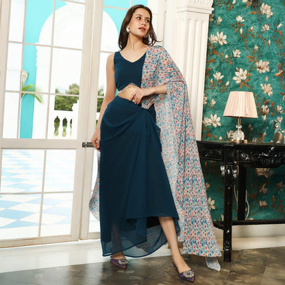 Pleated-Block Imprint Pre-Draped Saree