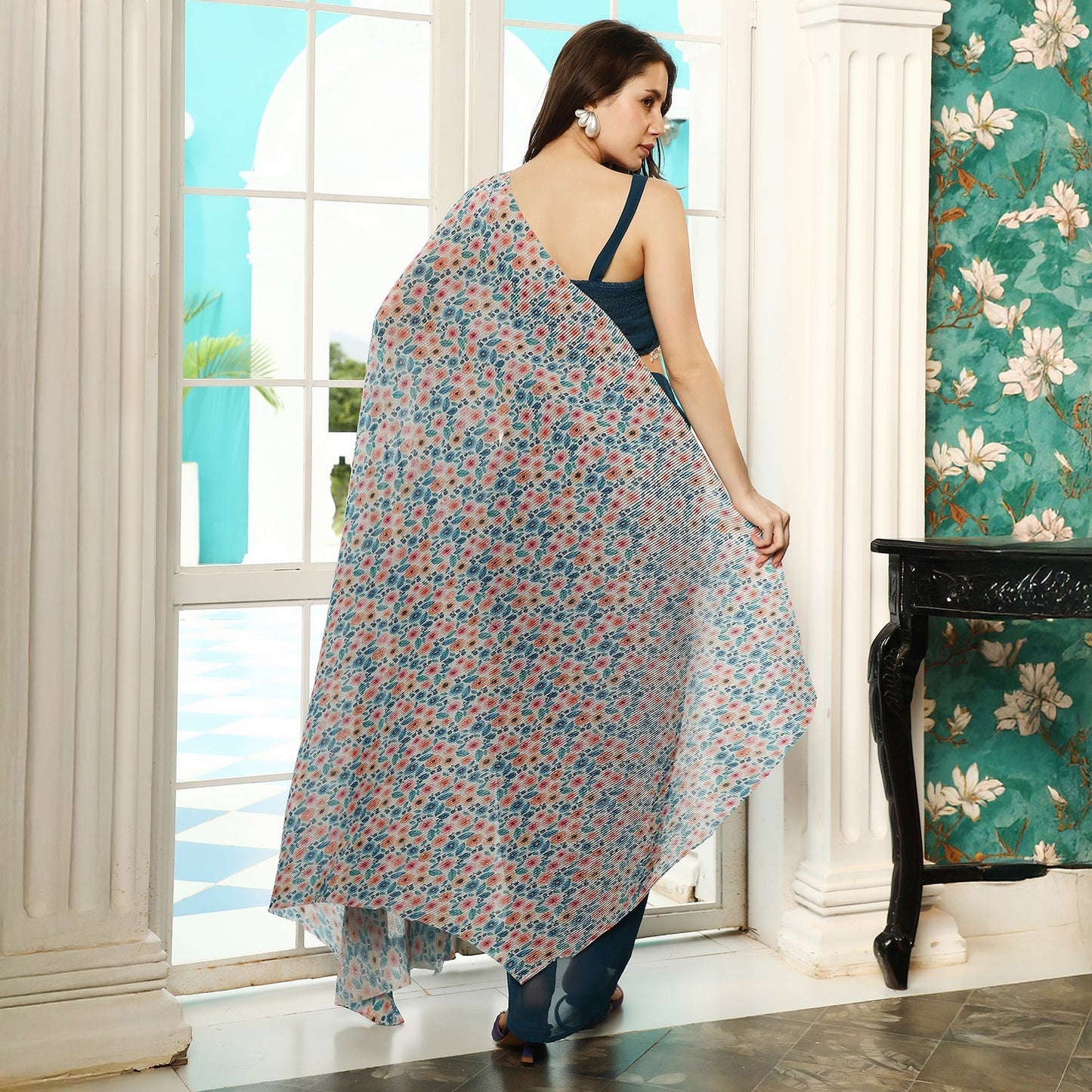 Pleated-Block Imprint Pre-Draped Saree