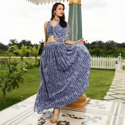 Ditsy-Pleated Asymmetrical-Drape Co-Ord Set