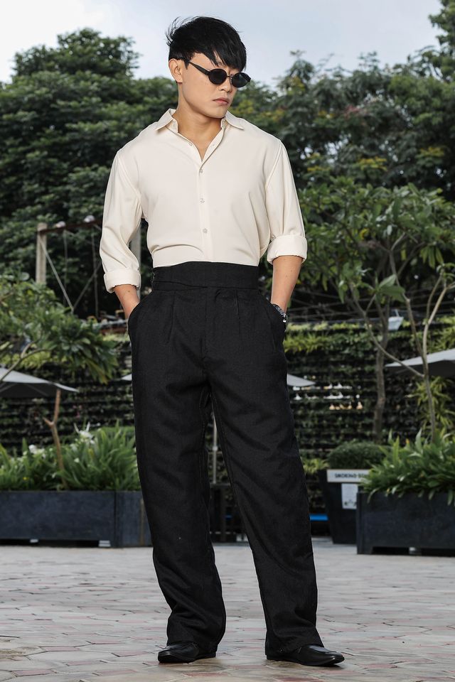 Black Corduroy Gurkha Trousers with Double Pleated Front