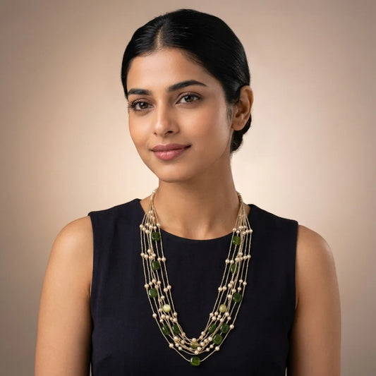 Gold And Green Beaded Multi Layered Long Necklace For Women